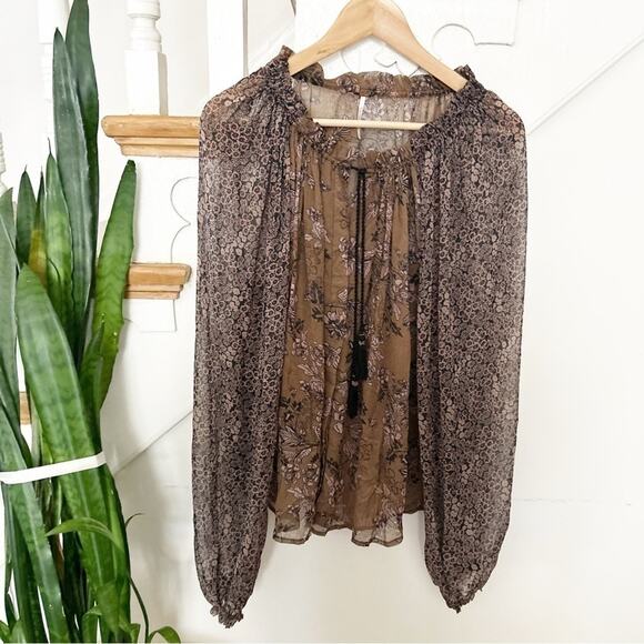NWT Free People Hendrix Brown Black Sheer Boho Tassel Peasant Top Blouse Size S - Picture 2 of 8